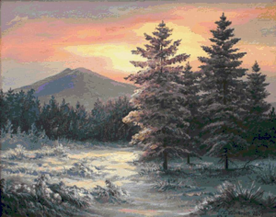 Сизоненко Юрий. Зимнее утро. - зима, пейзаж, картина, природа, цветы, горы, ели - предпросмотр