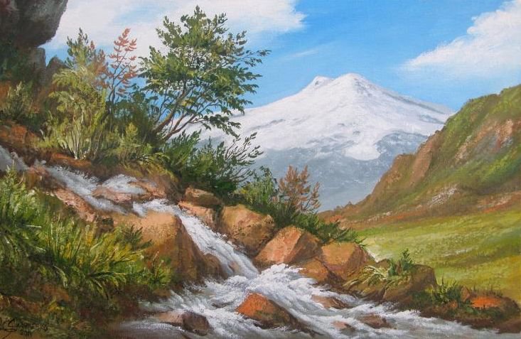 Сизоненко Юрий. Приэльбрусье - природа, картина, лето, ручей, пейзаж, горы - оригинал
