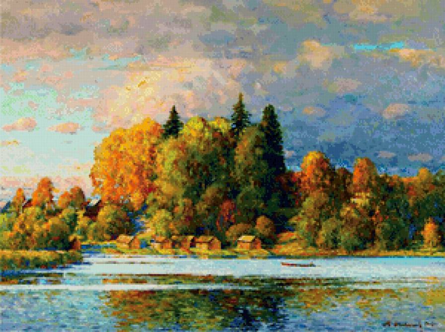 осень за городом - осень, село, природа, золото, река, пейзаж, живопись, дерево - предпросмотр