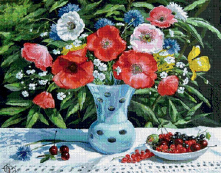 полевые цветы в вазе - натюрморт, цветы, ягоды, ромашки, букет, ваза, васильки, маки - предпросмотр