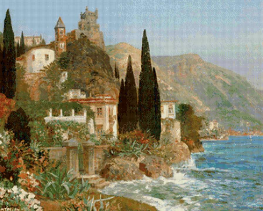 средиземноморский пейзаж - природа, пейзаж, живопись, горы, лето, море, берег, жара, город - предпросмотр