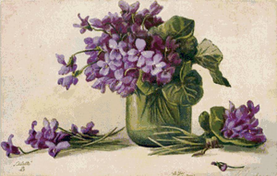 фиалки в стеклянной вазе - открытка, фиалки, цветы, нежность, ваза, букет, стекло, ретро - предпросмотр