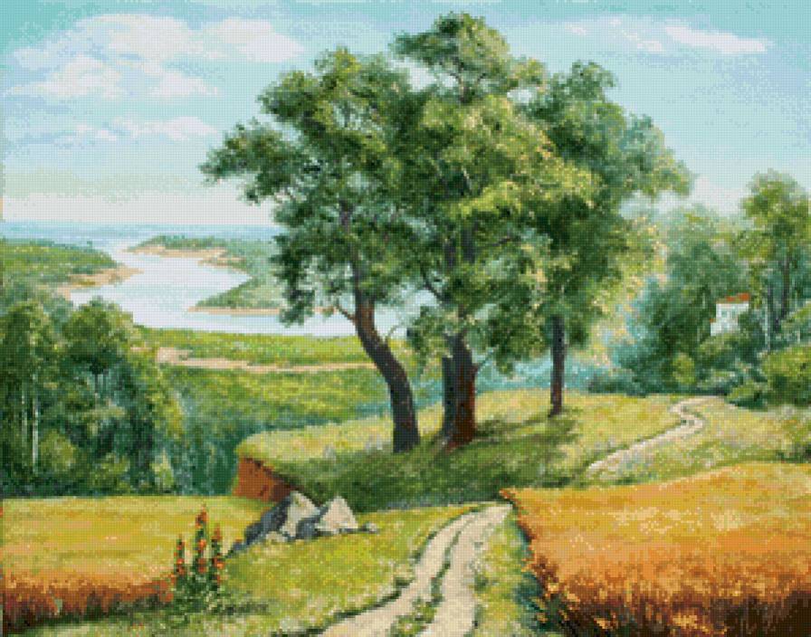 пейзаж с деревом - жара, пейзаж, река, поле, дерево, лето, цветы, живопись - предпросмотр