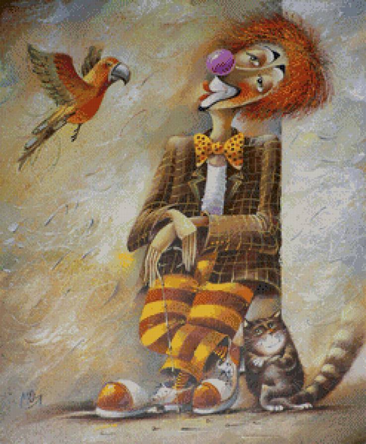 клоун с попугаем и котом - предпросмотр