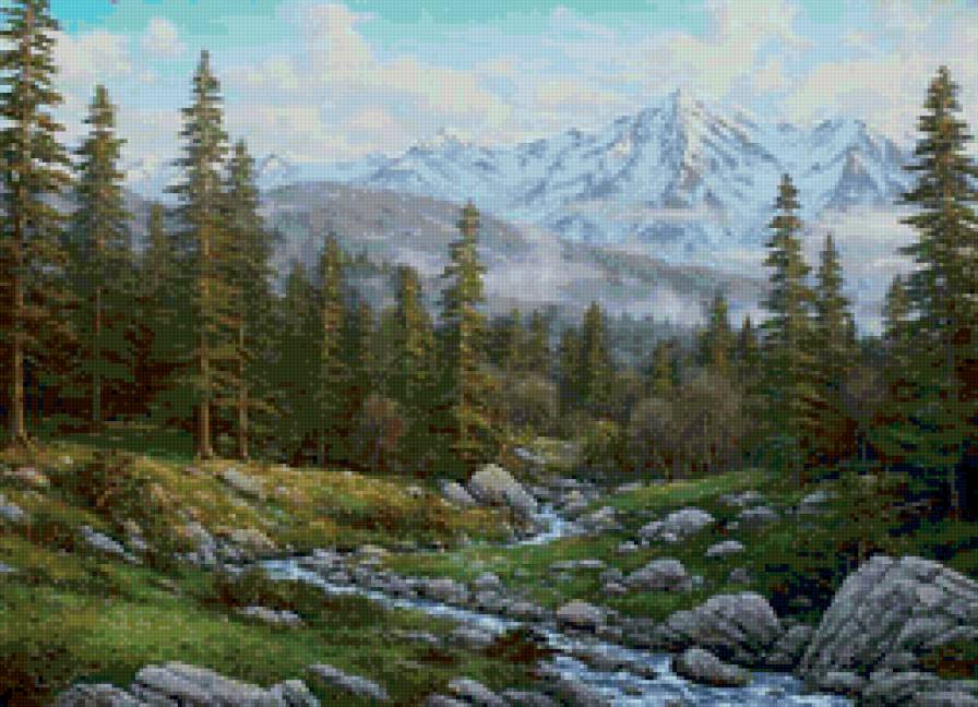Горный пейзаж - горы, природа, ели, пейзаж - предпросмотр