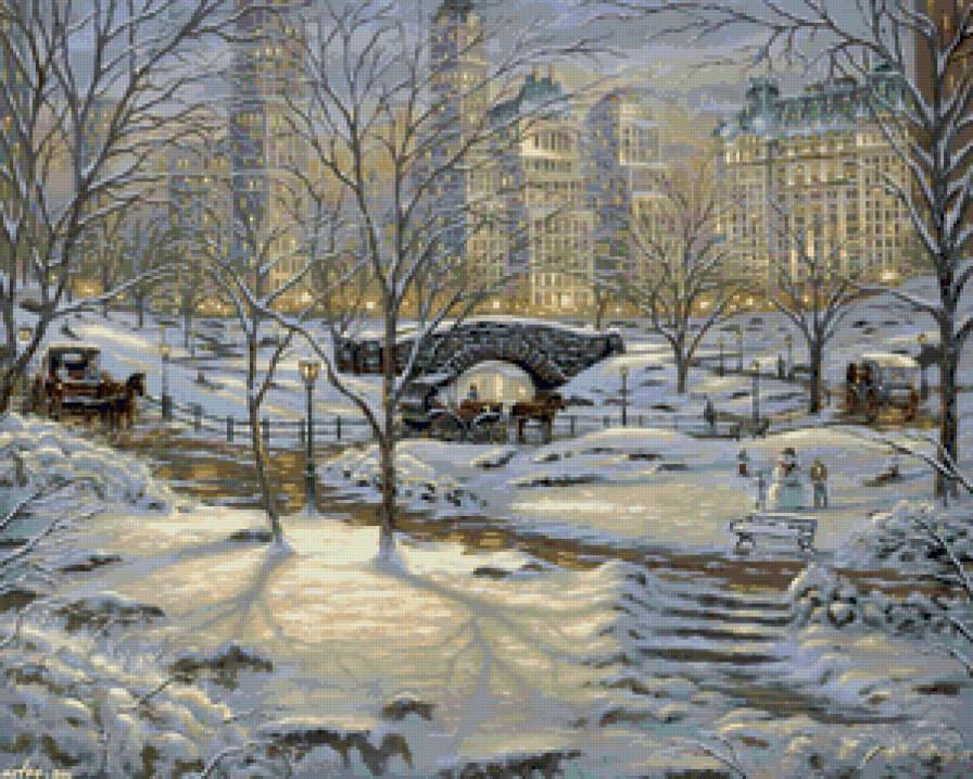 зима в нью-йорке - зима, нью-йорк, живопись, снег, мост, снеговик - предпросмотр