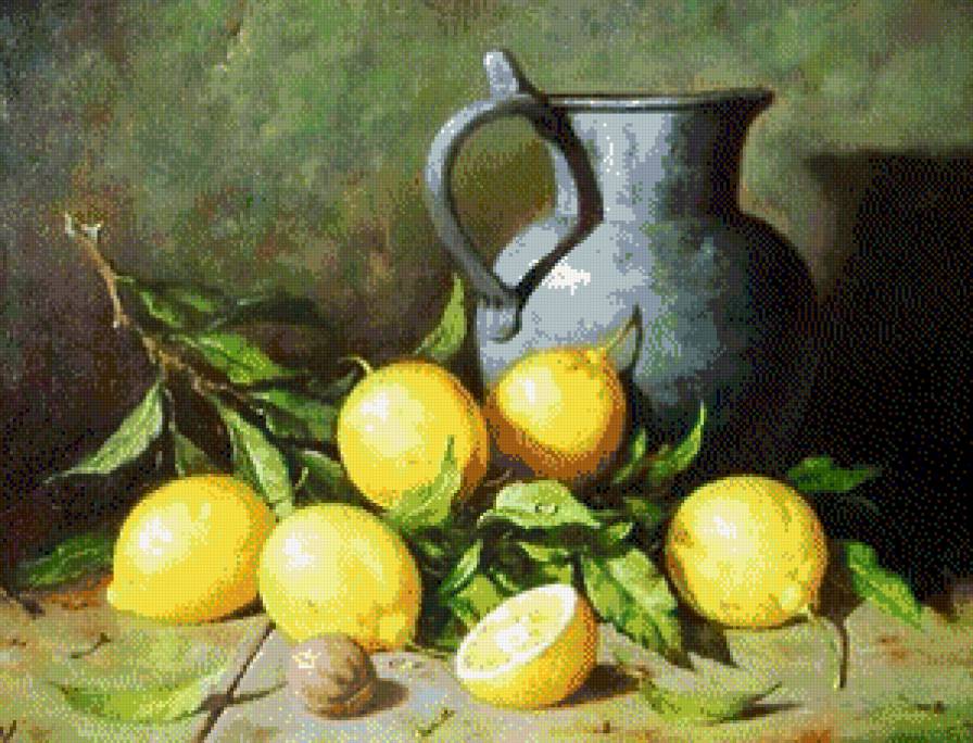 Натюрморт с лимонами - кухня, кувшин, лимон - предпросмотр