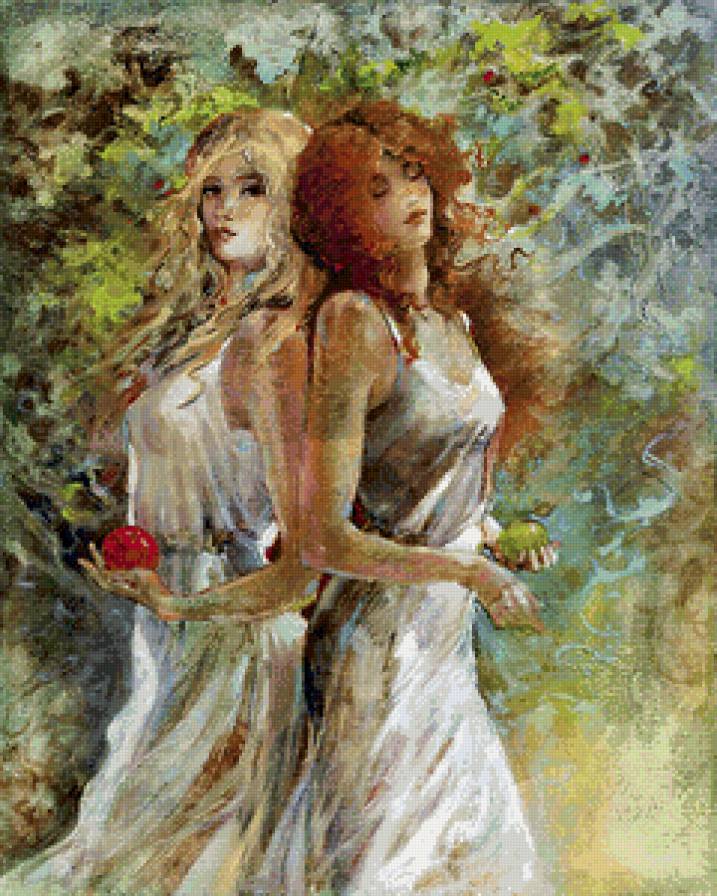 подруги - женщины, яблоки, портрет, девушки, сад, живопись, подруги - предпросмотр