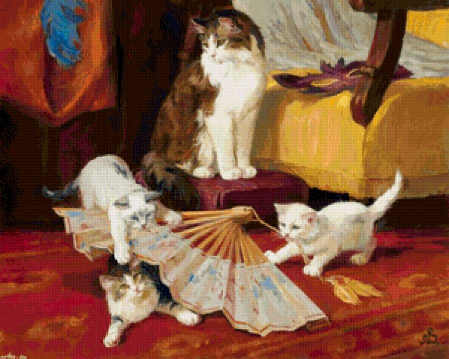 шалуны - шалость, малыши, дети, кошка, котята, животные, мать, живопись - предпросмотр