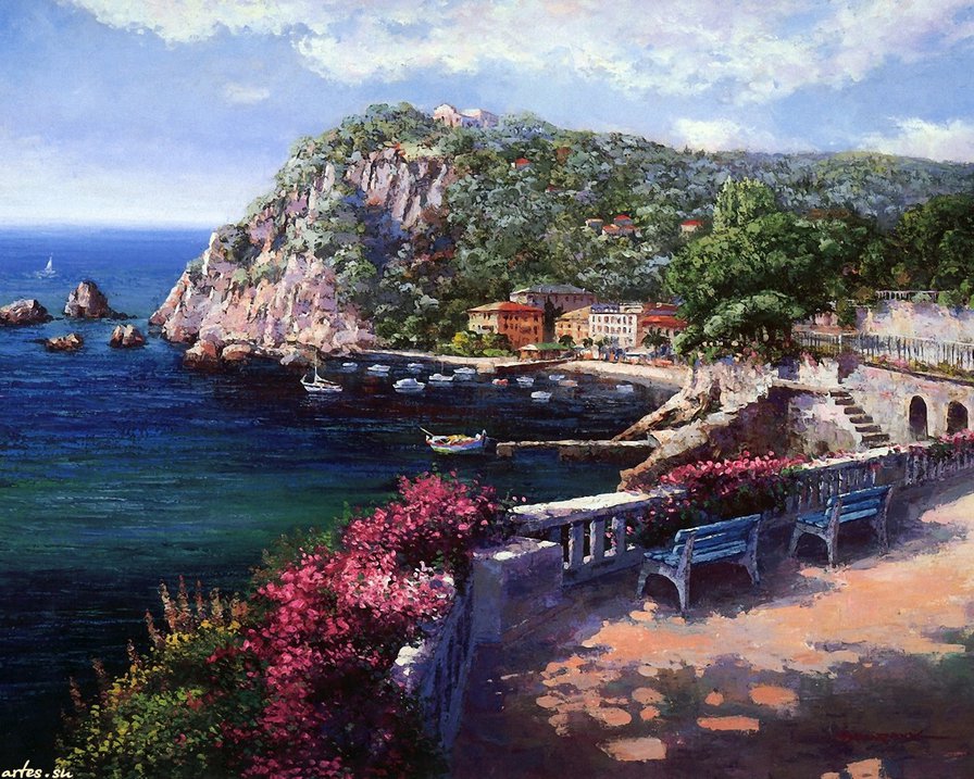 на берегу - пейзаж, берег, домики, небо, лодки, лето, город, юг, море - оригинал