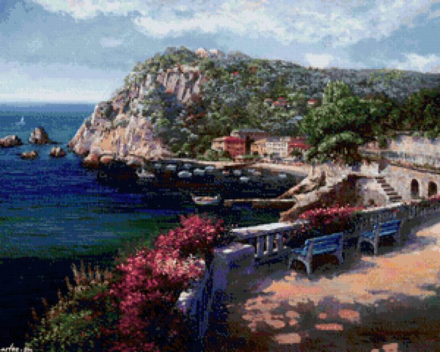 на берегу - лето, пейзаж, море, юг, город, берег, небо, домики, лодки - предпросмотр