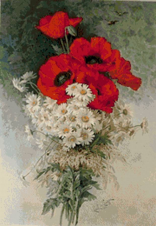 ромашки с маками Лонгпре Пауль - букет, маки, ромашки, цветы - предпросмотр