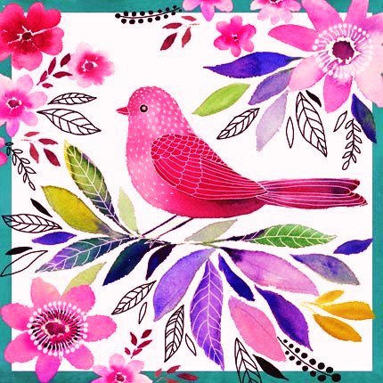 птичка на ветке - цветы, птичка, листья, ветка - оригинал