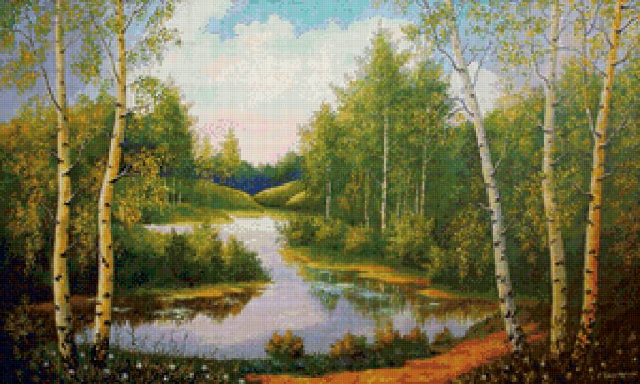 берёзовая роща - пейзаж, живопись, озеро, дерево, осень, береза, лес, река - предпросмотр