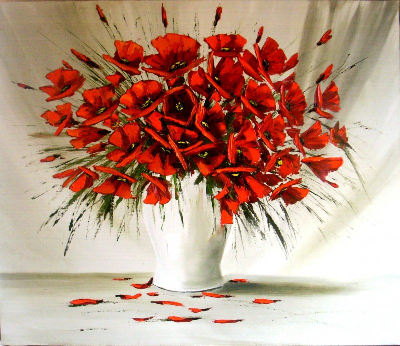 красные маки в белой вазе - цветы, натюрморт, ваза, живопись, букет, маки - оригинал