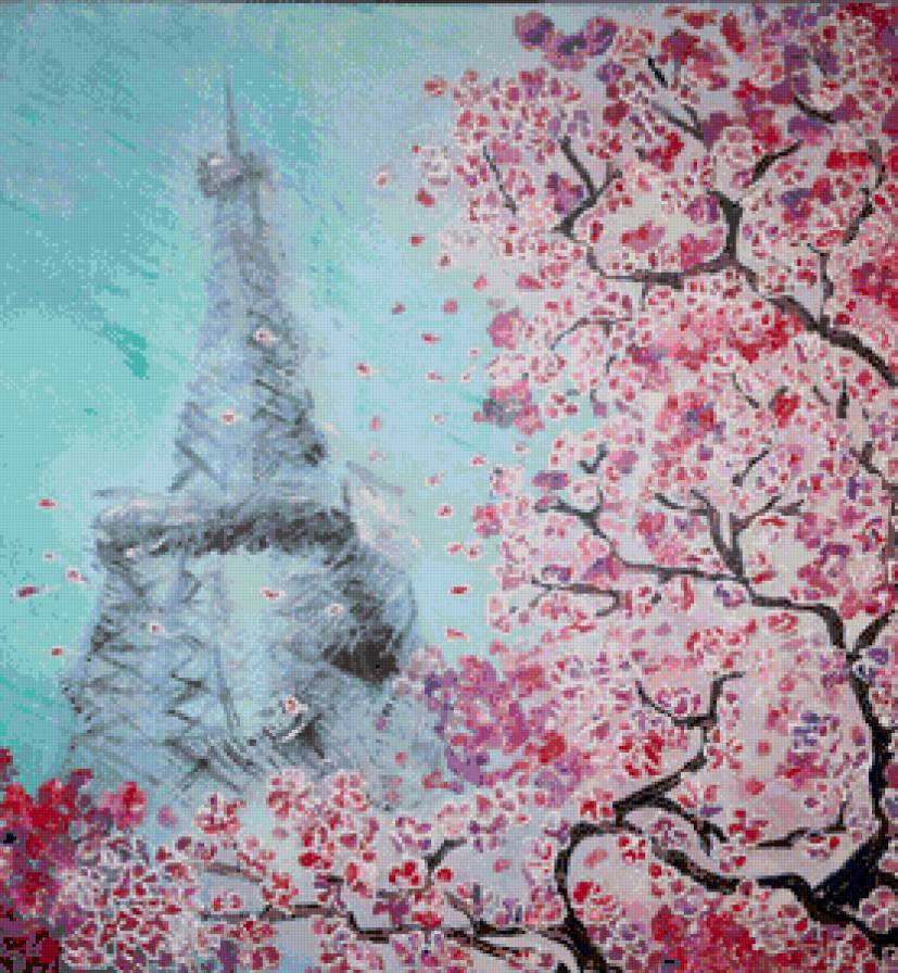 весна в париже - париж, сакура, цветы, весна, эйфелевая башня, абрикос, графика - предпросмотр