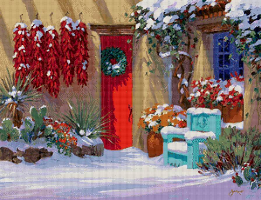 зима на юге - уют, юг, двор, новый год, живопись, цветы, снег, зима - предпросмотр