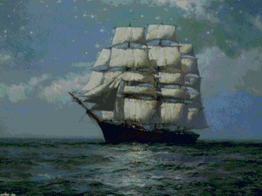 парусник в звёздную ночь - небо, ночь, звезды, корабль, паруса, океан, парусник, море - предпросмотр