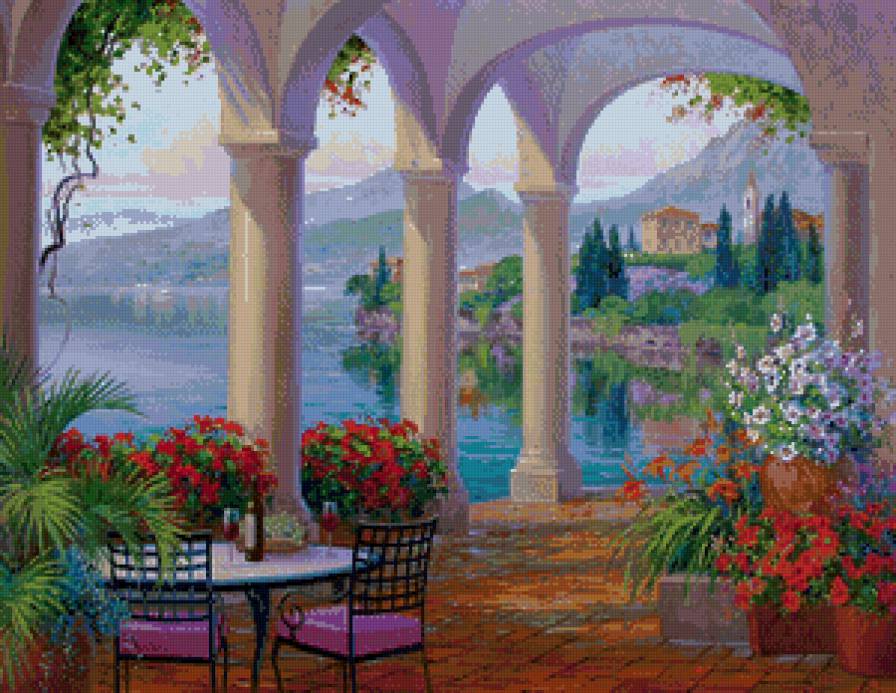 терраса с видом на море - юг, романтика, лодки, терраса, лето, пейзаж, город, море - предпросмотр