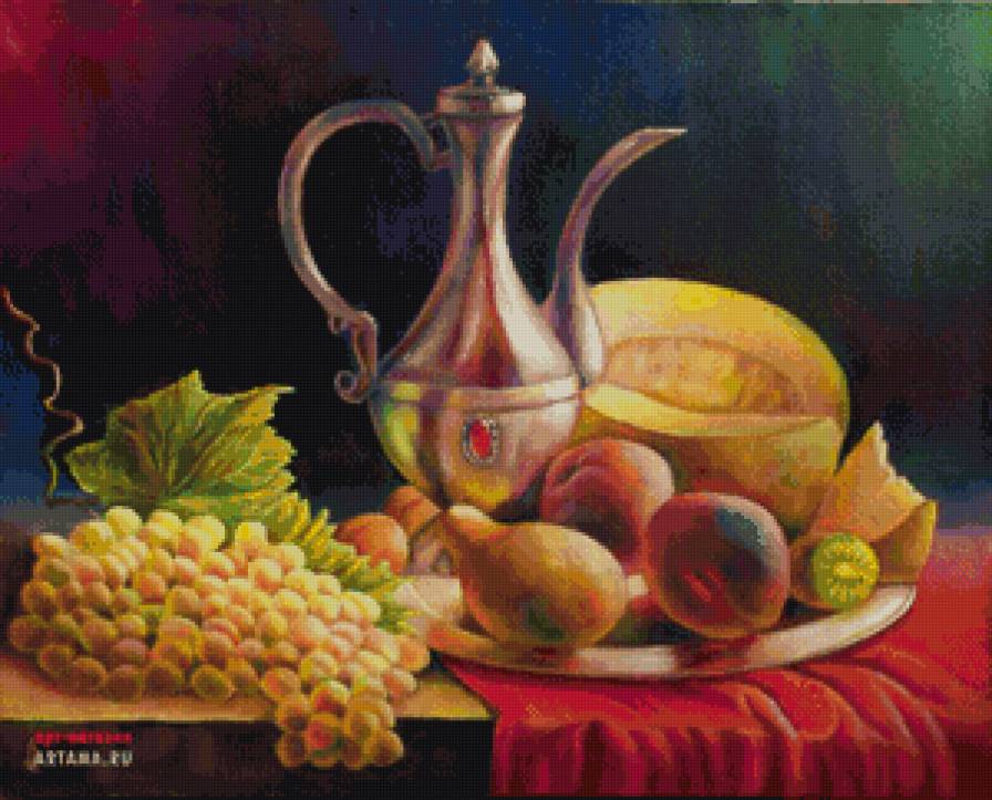 фруктовый натюрморт - дыня, фрукты, персики, натюрморт, виноград, еда, кухня, вино - предпросмотр