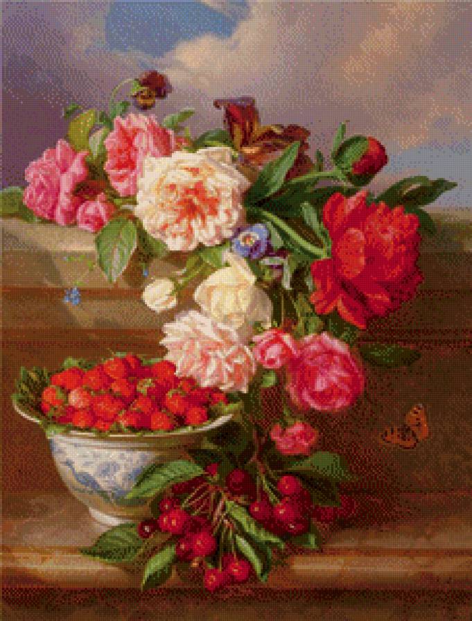 Натюрморт цветы и фрукты - натюрморт, фрукты - предпросмотр