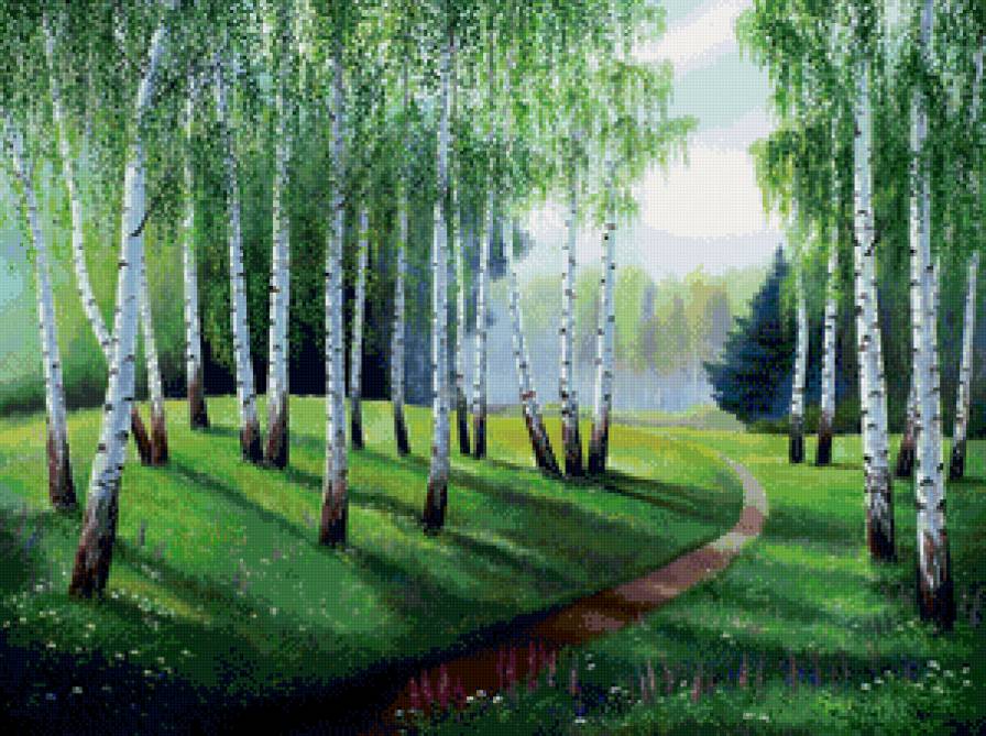лето в берёзовой роще - живопись, природа, тропа, роща, березы, пейзаж, лес, лето - предпросмотр