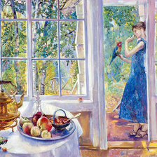 Схема вышивки «девушка с попугаем на террасе»