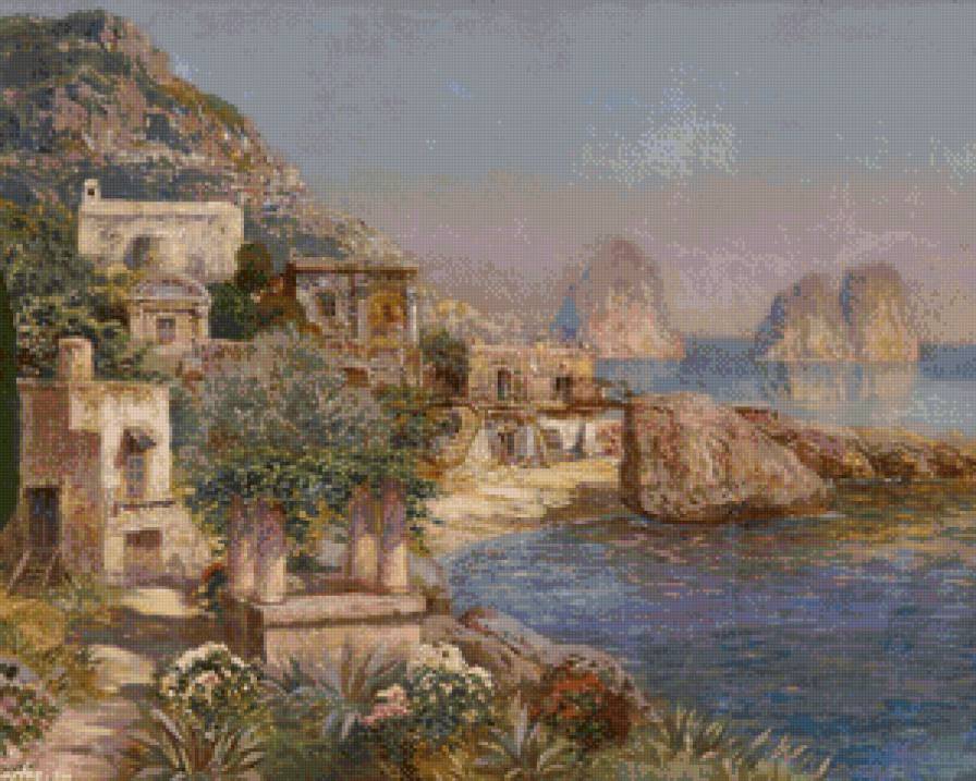 южный городок - двор, живопись, город, цветы, пейзаж, лето, юг, море, горы - предпросмотр