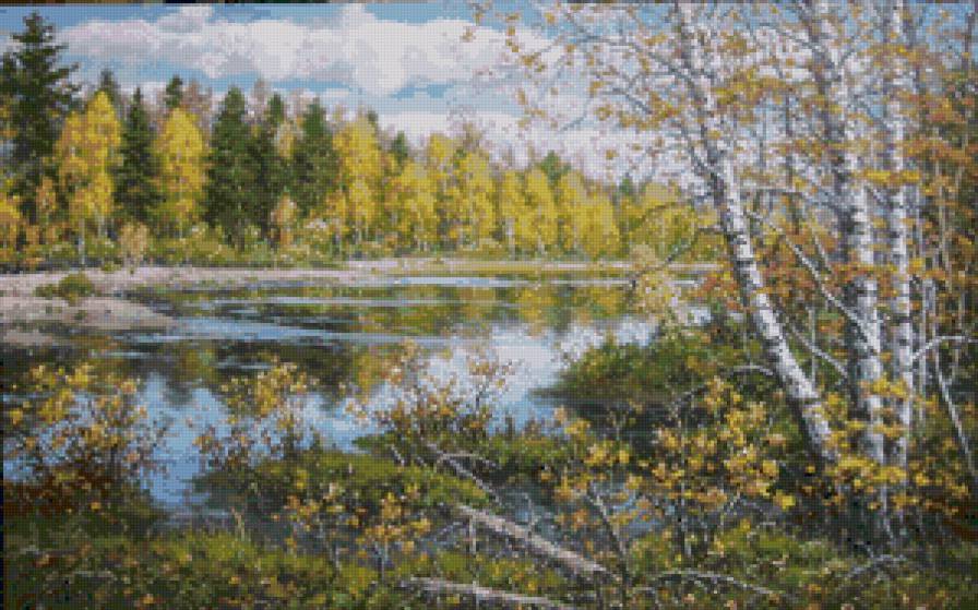 осень на реке - живопись, природа, золото, роща, река, березы, осень, дерево - предпросмотр