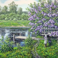 Схема вышивки «куст сирени над рекой»