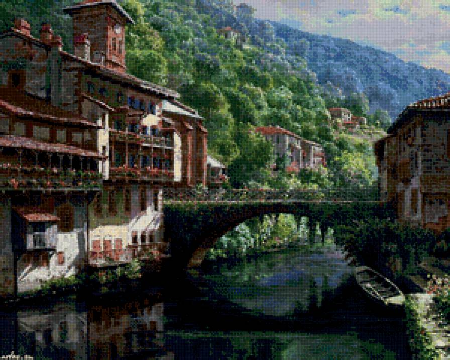 южный городок - пейзаж, город, река, цветы, живопись, горы, мост, лето, юг - предпросмотр