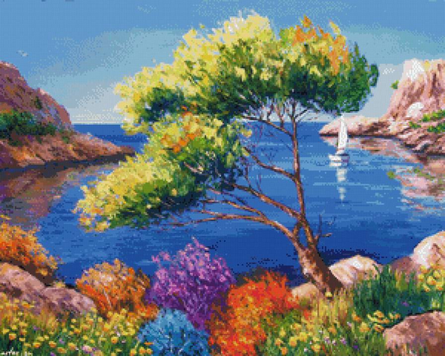 берег прованса - цветы, юг, пейзаж, море, прованс, лето, парус, живопись - предпросмотр