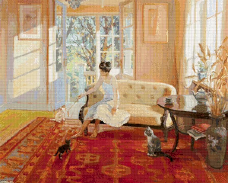 девушка играет с кошками - кошка, девушка, игра, кот, дом, животные, живопись - предпросмотр