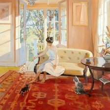 Схема вышивки «девушка играет с кошками»