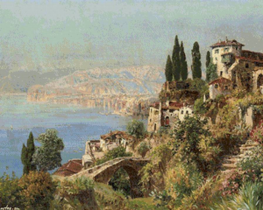 морской город в италии - кипарис, берег, море, италия, живопись, город, лето, горы - предпросмотр