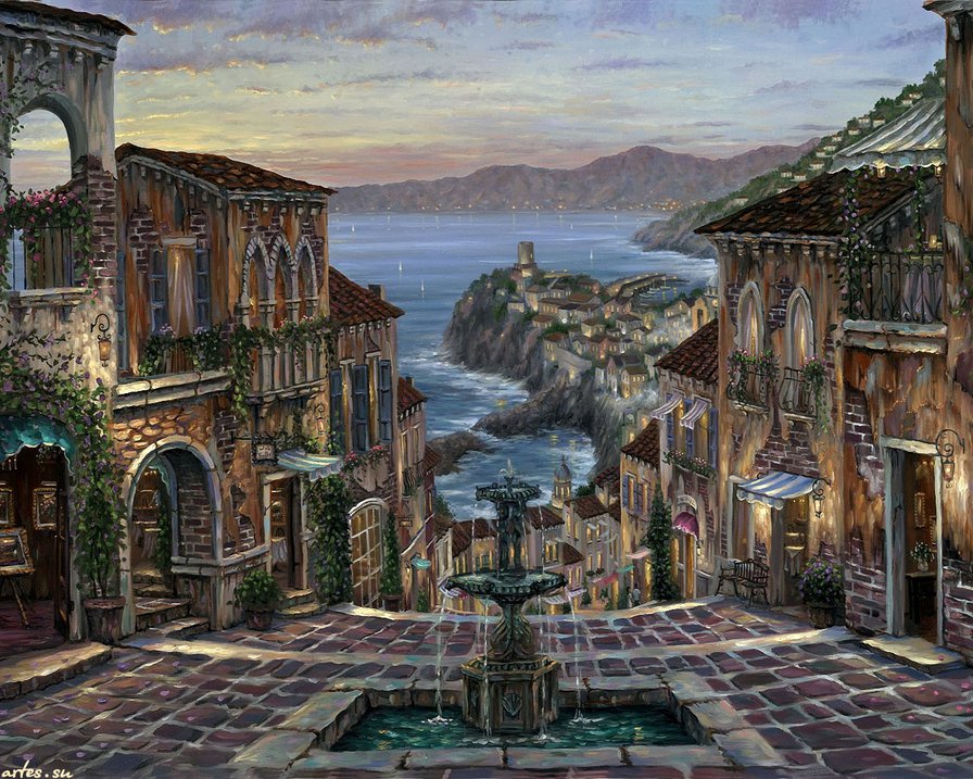 вечерняя дорога к морю с фонтаном - вечер, пейзаж, сумерки, дорога, море, горы, фонтан, лестница - оригинал