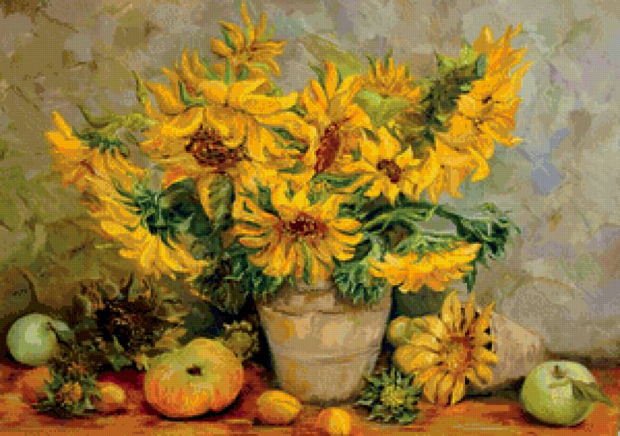 натюрморт с подсолнухами и фруктами - цветы, яблоки, натюрморт, подсолнухи, ваза, фрукты, еда - предпросмотр