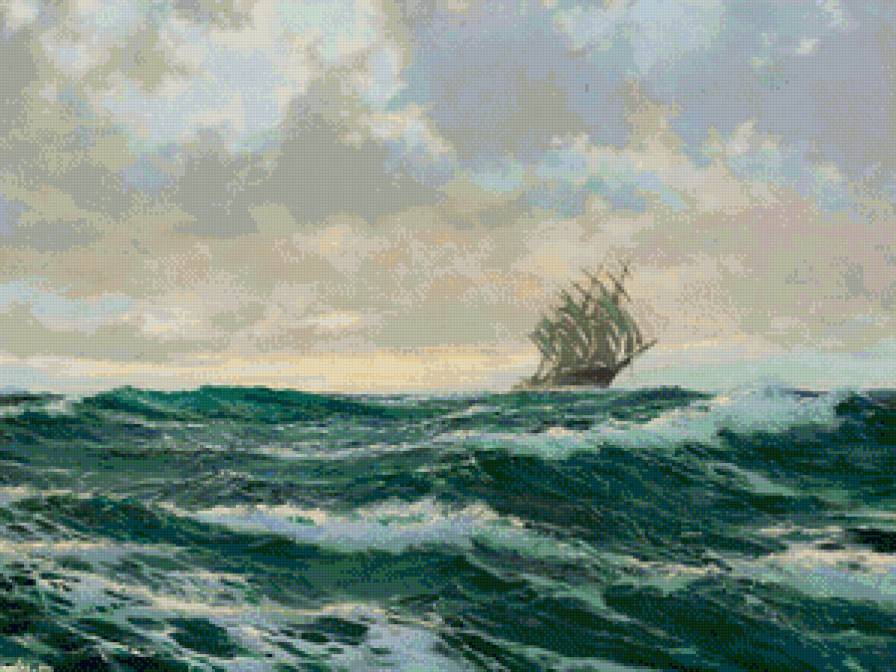 пейзаж с парусником - волны, чайки, парусник, небо, паруса, море, океан - предпросмотр