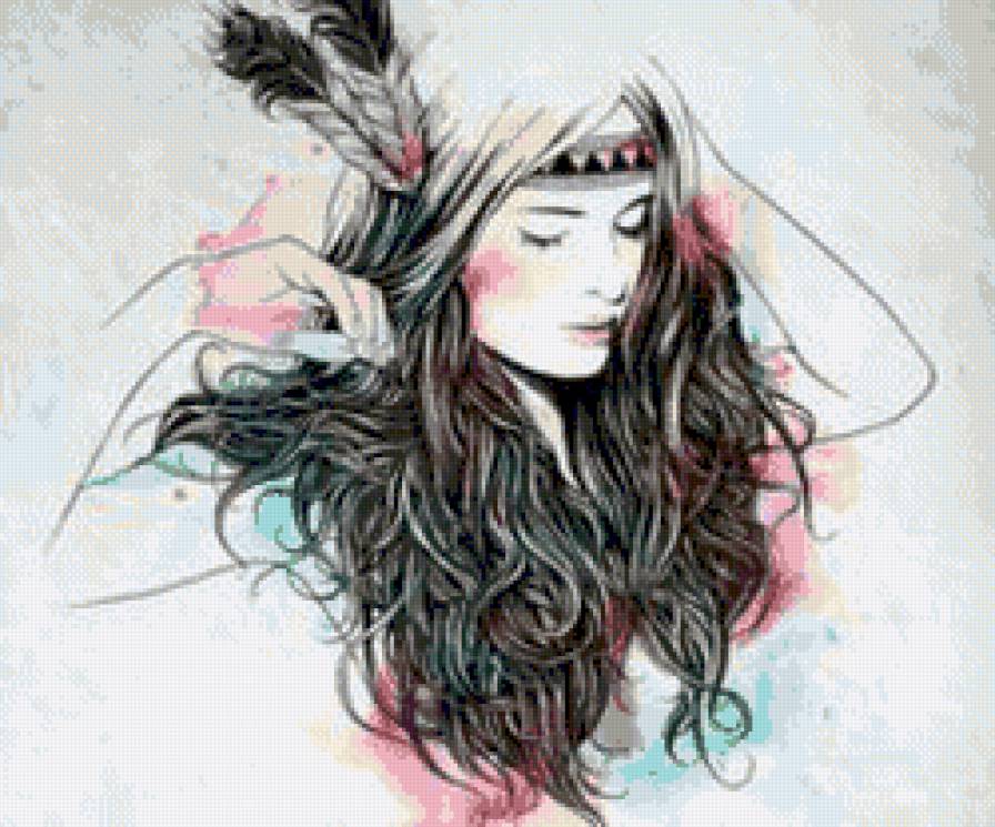 Девушка - девушка, индианка, перья, акварель - предпросмотр