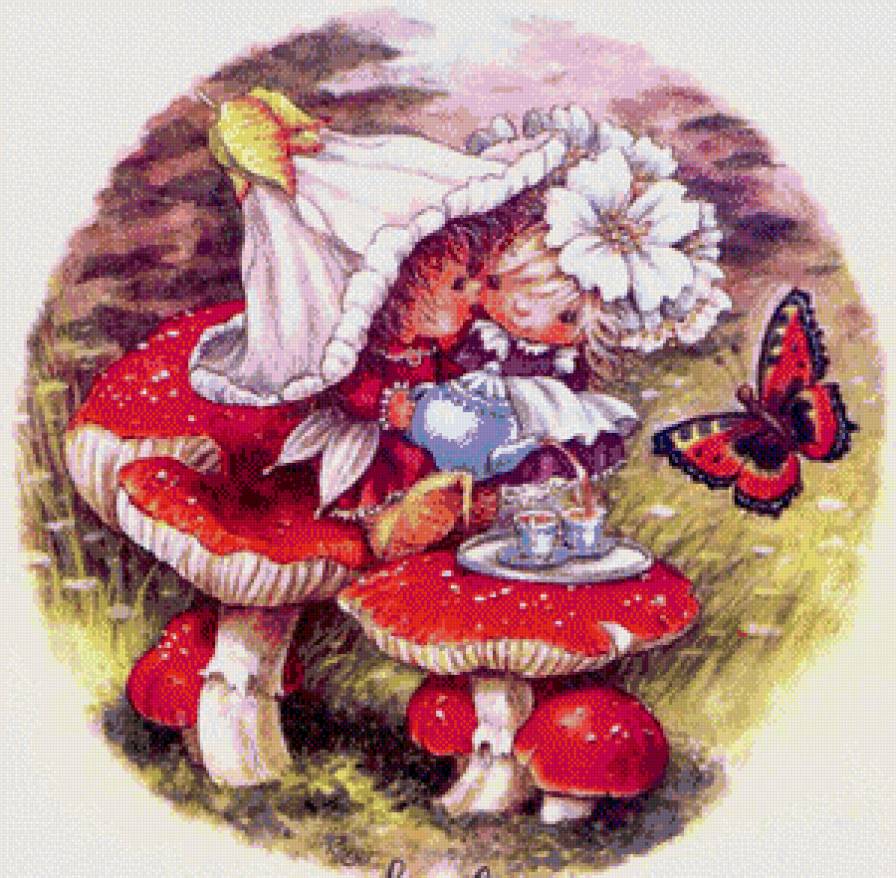 Чаепитие подруг - феечки, чай, гриб, детское - предпросмотр