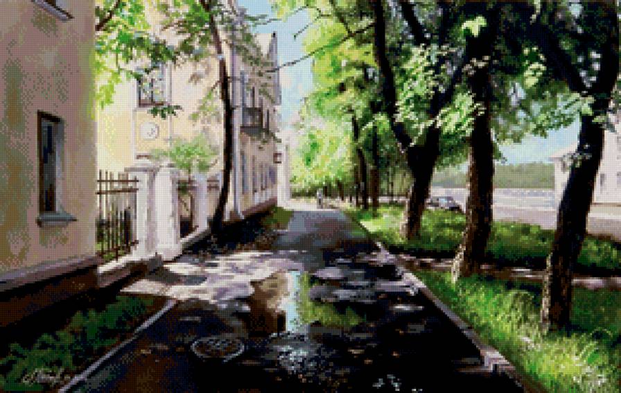 городской пейзаж - живопись, улица, здание, лето, город, графика, пейзаж - предпросмотр