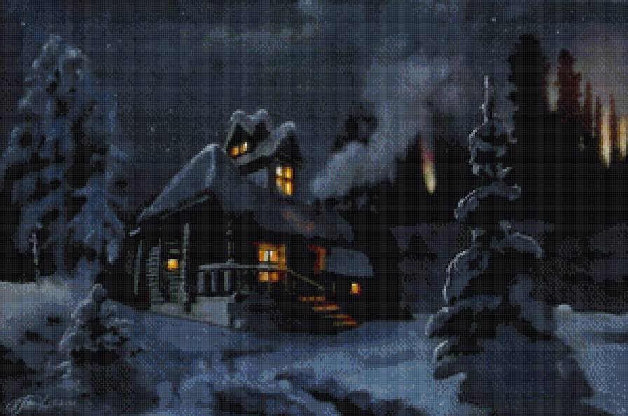 ночь у домика лесника - снег, уют, живопись, ночь, зима, пейзаж, домик - предпросмотр