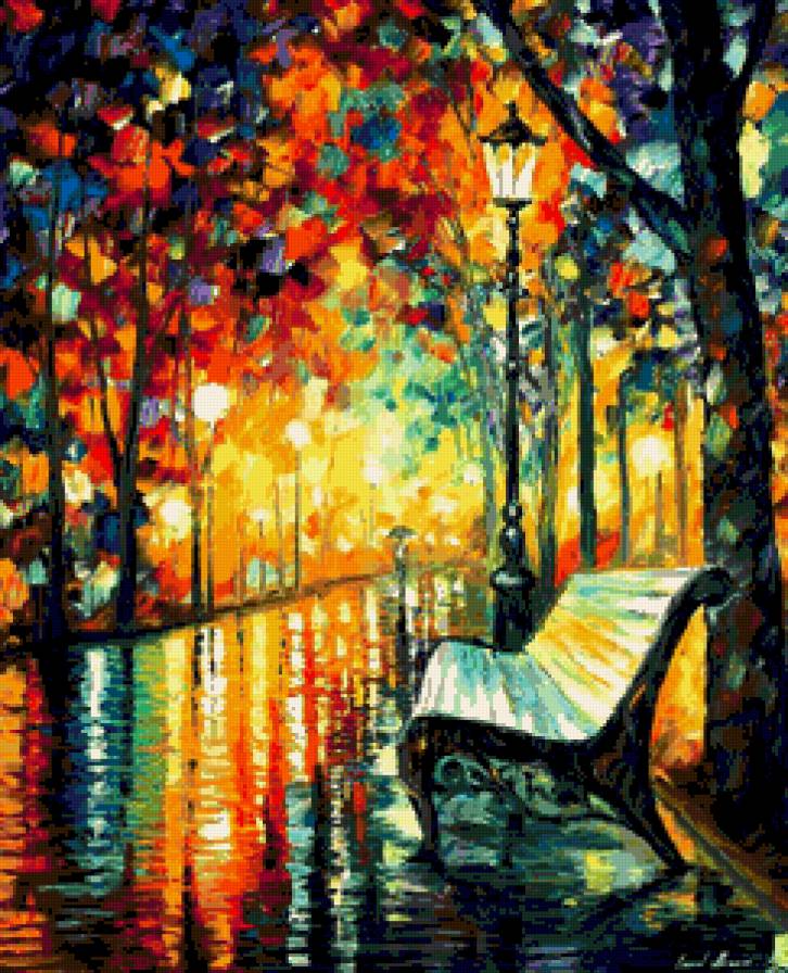 Ночной парк - картина, лавка, фонарь, парк, ночь, афремов - предпросмотр