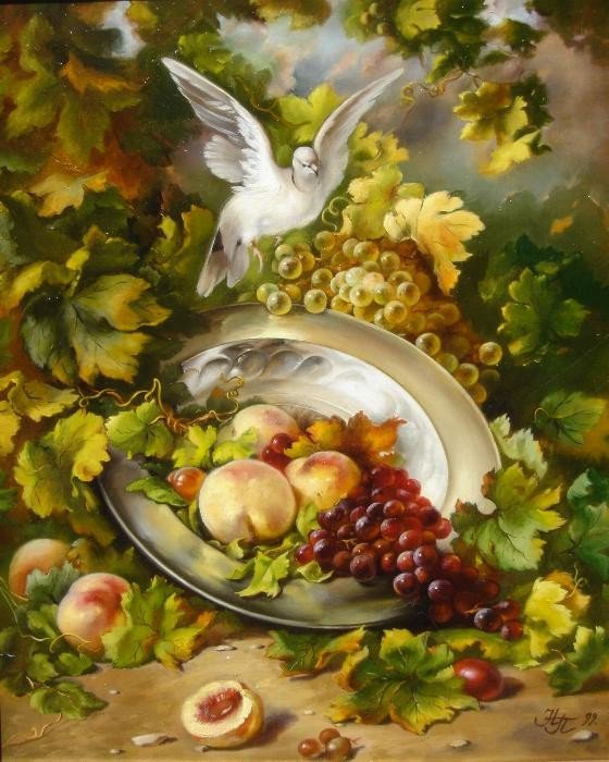 натюрморт - виноград, голубь, натюрморт - оригинал