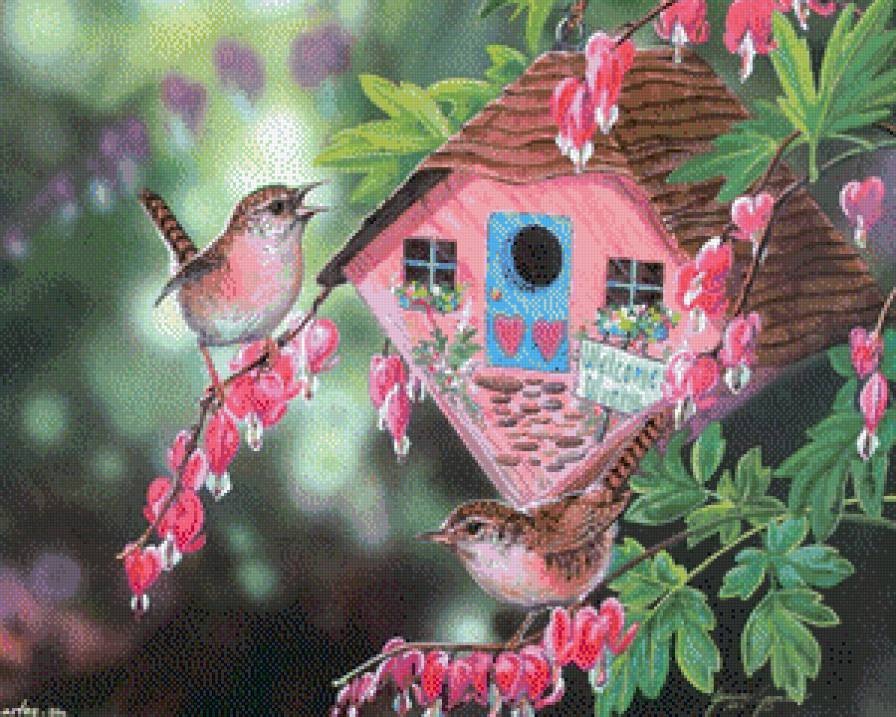 Птичий домик - скворечник, птицы, цветы - предпросмотр