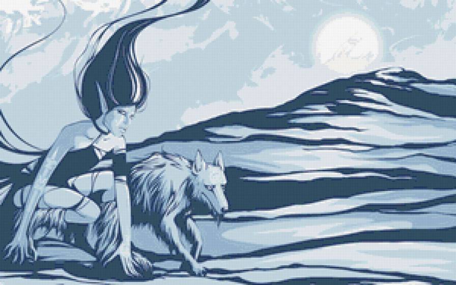 Девушка и волк - волк, девушка, пустыня - предпросмотр