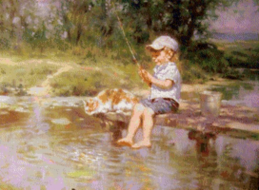 на рыбалке - животные, картина, дети, искусство, живопись - предпросмотр