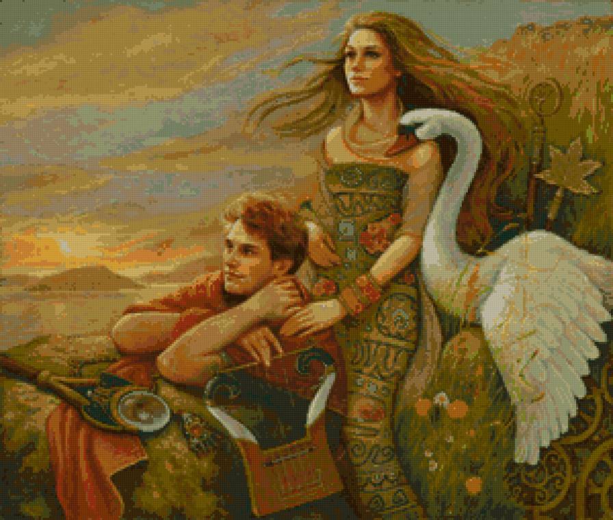 Пара - он и она, гусь, море, сказка, горы - предпросмотр