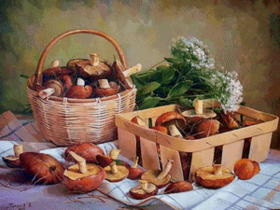 грибной день - дар, натюрморт, лес, грибы, живопись, корзина - предпросмотр