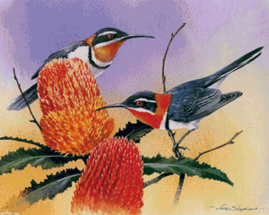 птицы на ветке - птицы, пара, цветы, семья, ветка, сад, любовь - предпросмотр